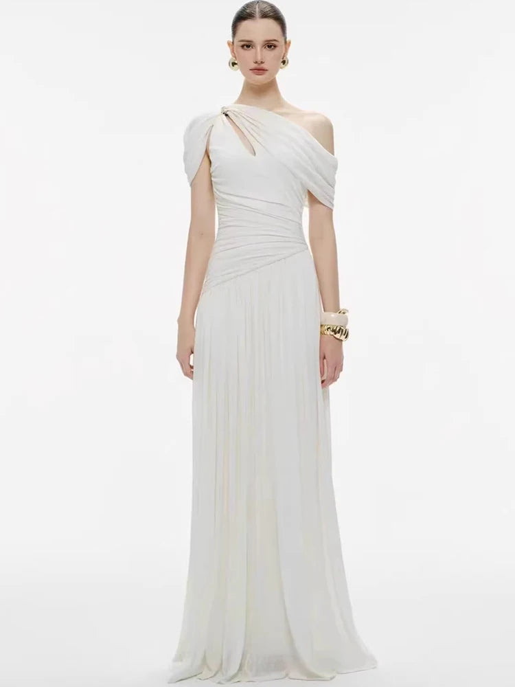 DEAT Elegant Dress Asymmetrical Pleated Long Hollow Out Solid Color Women's Evening Party Dresses 2026 Spring New Tide 35Z4129