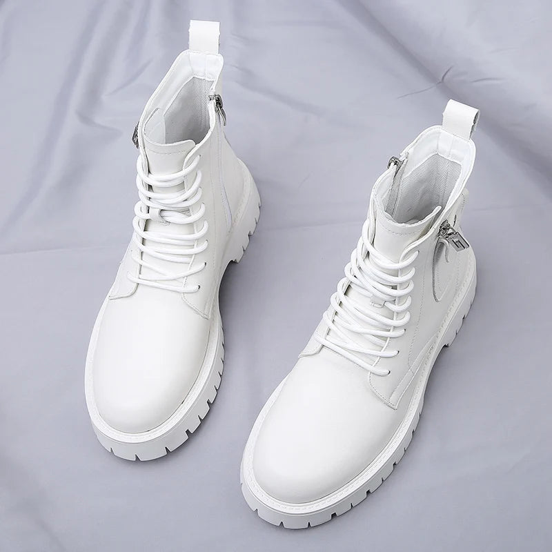Fashion White Boots For Men New British Style Platform Motorcycle Boots Good Quality Casual Men’s High Top Leather Shoes Punk