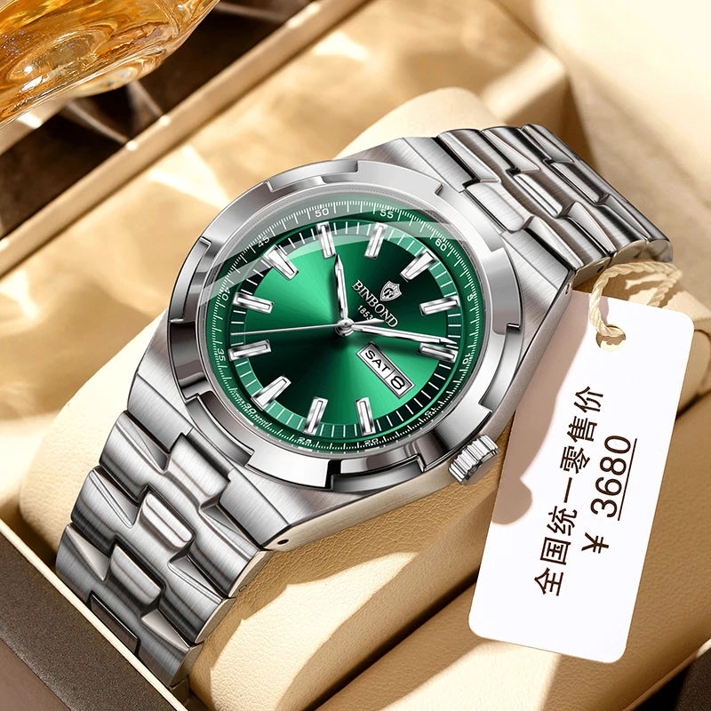 BINBOND Men's Watch Fashion Trend Night Light Calendar Waterproof Business Leisure Steel Strip Men's Watch Watches for man B025