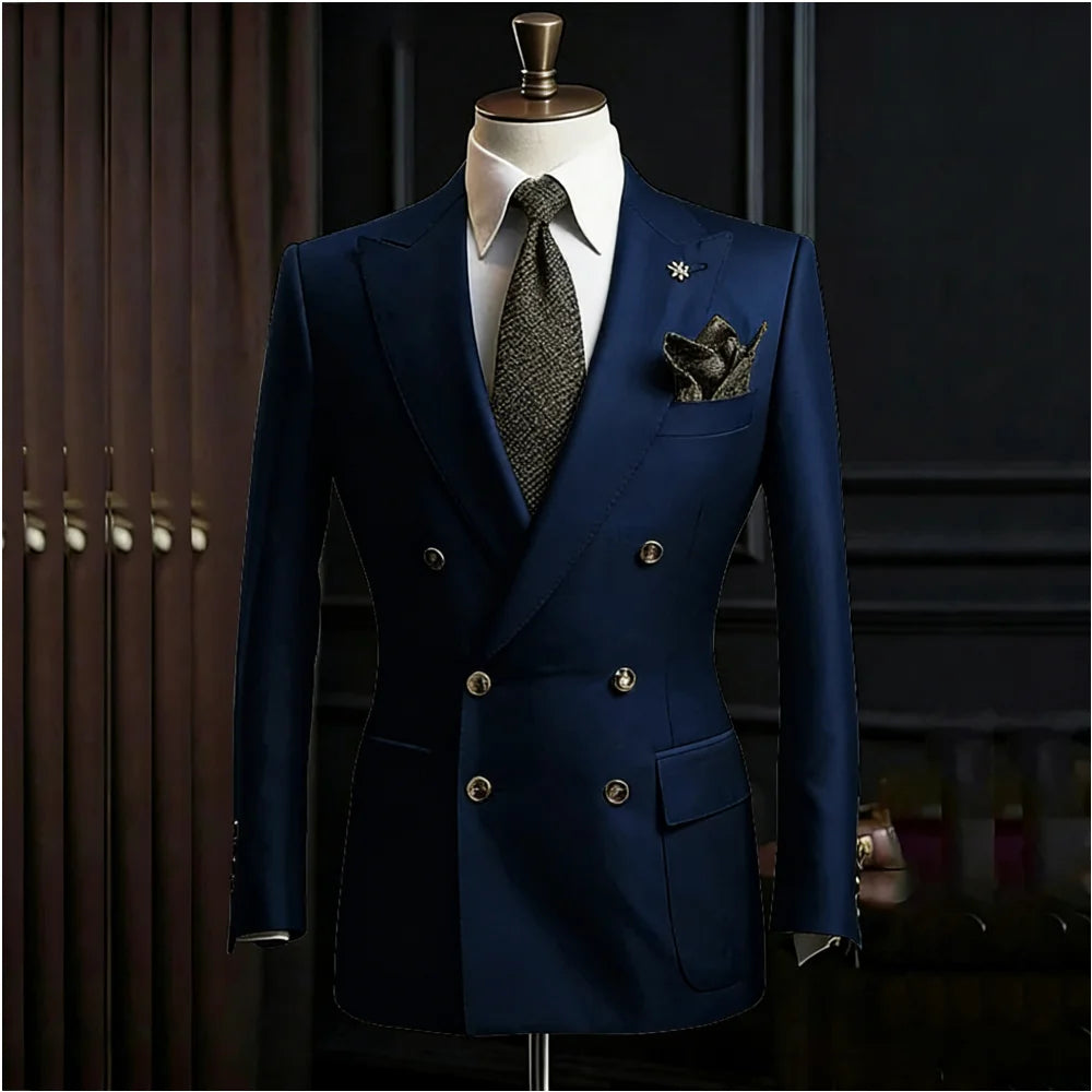 Formal Men's Suits Slim Fit Double Breasted Peaked Lapel Wedding Groom Prom Custom Male Clothing 2 Piece Jacket Pants Sets