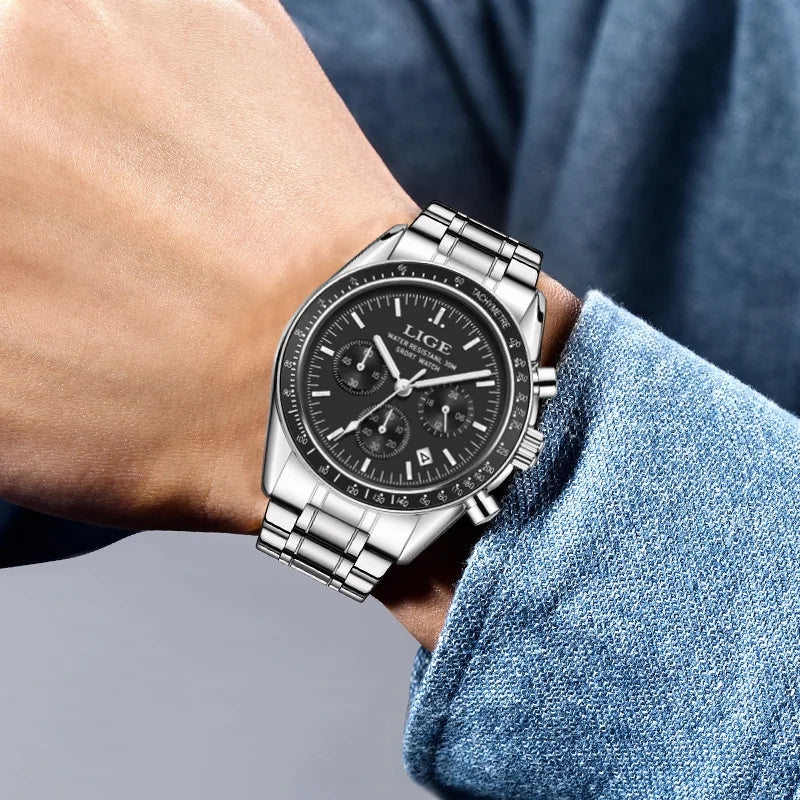 LIGE NEW fashion luxury Men's watches waterproof luminous clock stainless steel strap quartz   wristwatch for men montres hommes