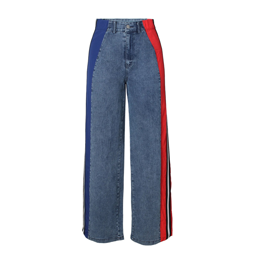 Denim Pants Women Patchwork Spliced Long Pant Mom Straight Button High Waist Casual Jeans Trousers Pocket Lady Y2k Autumn