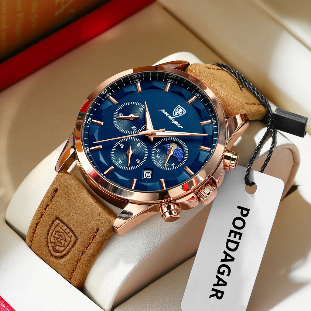 POEDAGAR Luxury Business Man Watch Waterproof Chronograph Luminous Date Male Wristwatch Leather Fashion Men's Quartz Watches+Box