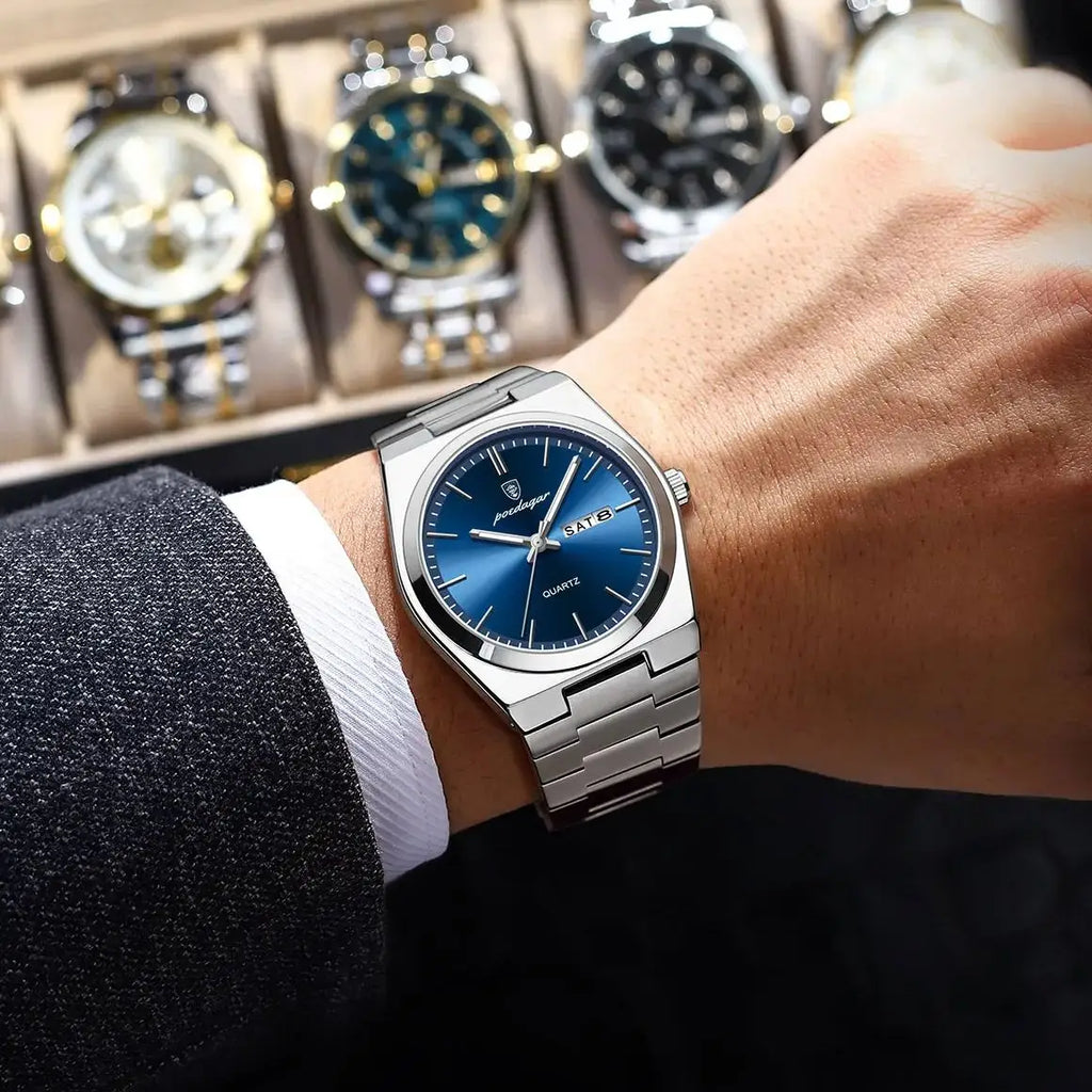 POEDAGAR Luxury Men's Watches Waterproof Luminous Date Week Simple Male Clock Stainless Steel Fashion Quartz Watch For Man Reloj