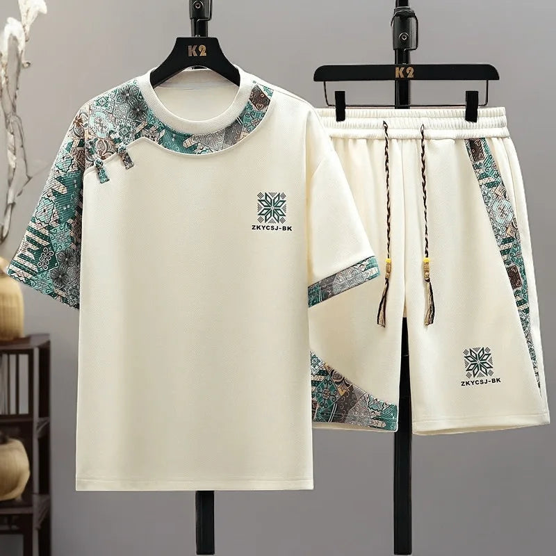 Summer New Fashion Trend Print Comfortable Breathable Short Sleeve Shorts Set Men's Casual Loose Sports Plus Size Two-Piece Set