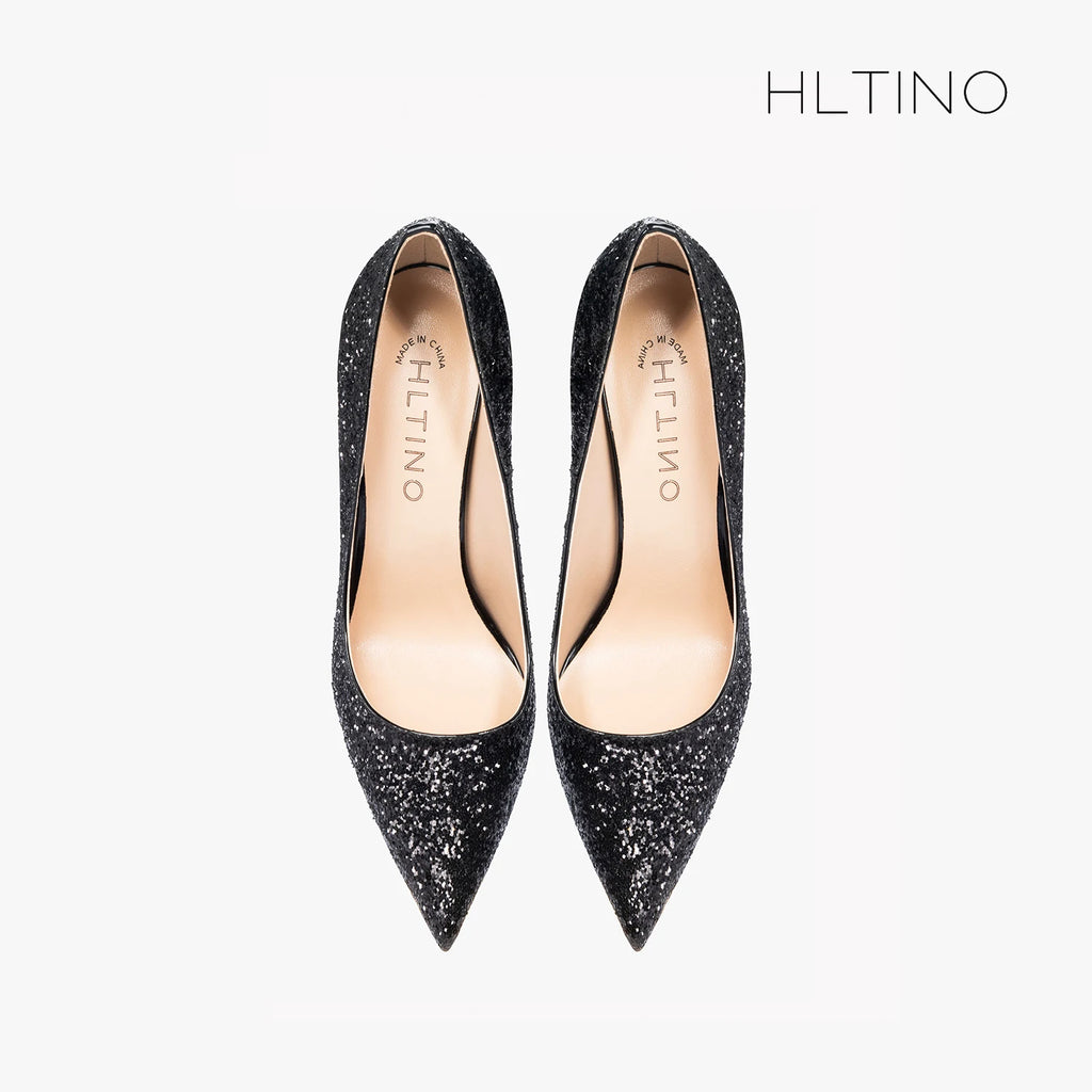 HLTINO Red Bottom Shoes with Sequinces 12cm Pointed Toe Genuine Leather Pumps Women's Sexy High Heeled Shoes Spring Summer