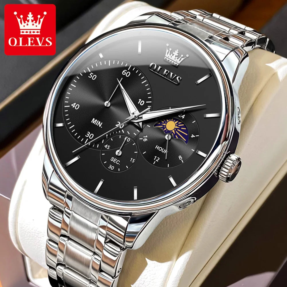 OLEVS Men's Watches Top Brand Business Fashion Fine Steel Original Brand Quartz Wristwatch for Man Moon Phase Chronograph Big
