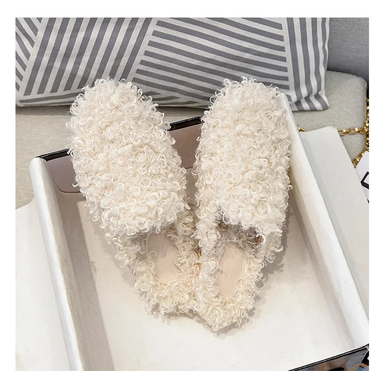Black/white Curly Fur New Slippers Women Flat Heel Round Toe Lambwool Slides Home Shoes Woman Lazy Furry Slippers Big Size 41-44