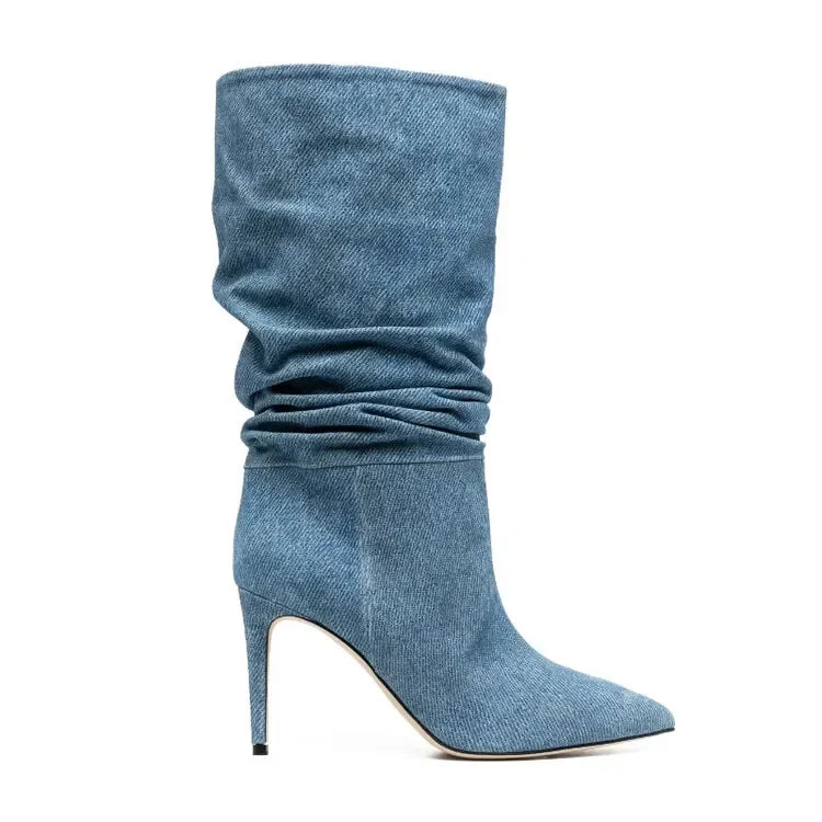 2023 Denim Blue 10cm Slim Heel Pleated Boots 35-43 Fashion Imitation Suede Women's Boot Internet Celebrity Pointed Show Boots