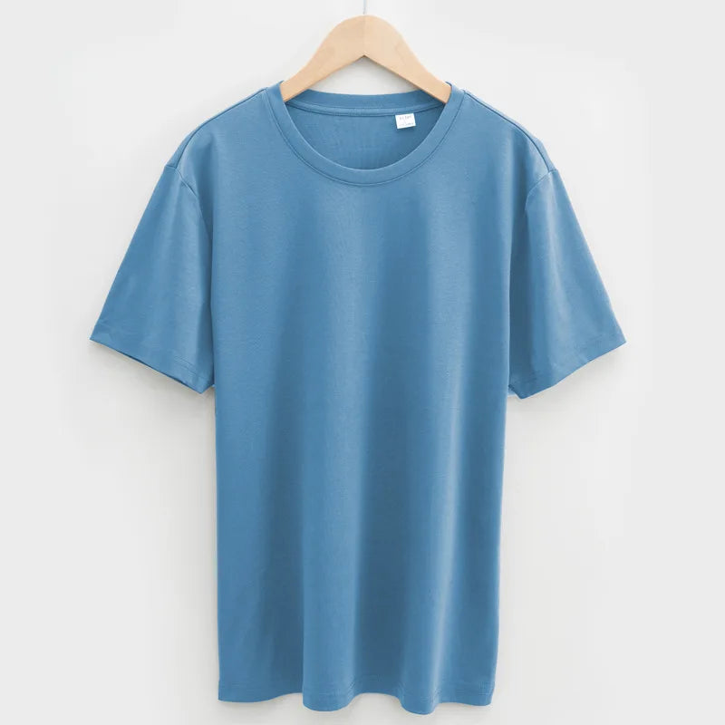 Man High Quality Heavyweight Mercerized Cotton T-shirt Comfy Ice Cool Short Sleeve Tees Pure Color Men Summer Basic Tops
