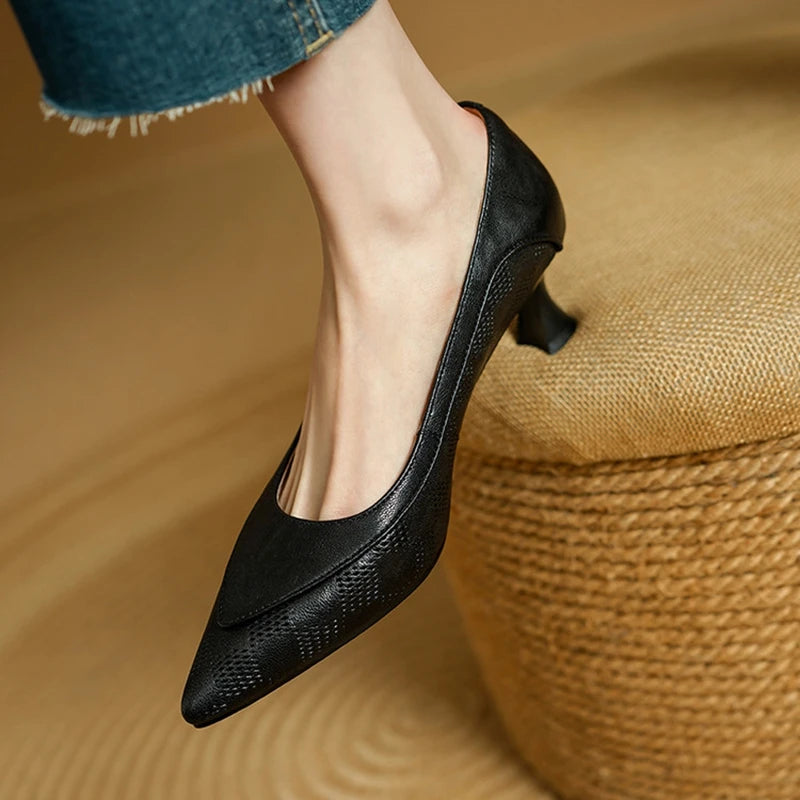 NEW Spring/Autumn Women Pumps Pointed Toe Kitten Heel Shoes Genuine Leather Shoes for Women Black Shallow Slio-on Handmade Shoes