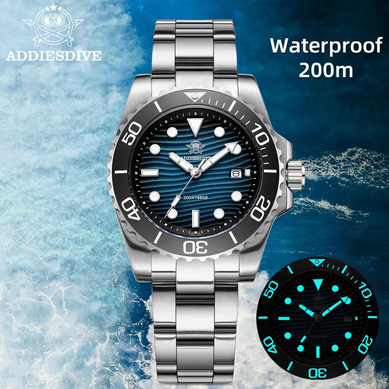 ADDIESDIVE New Men's Quartz Watch 316L Stainless Steel BGW9 Luminous 100m Waterproof Diving Wristwatch 41mm Outdoor Sports Watch