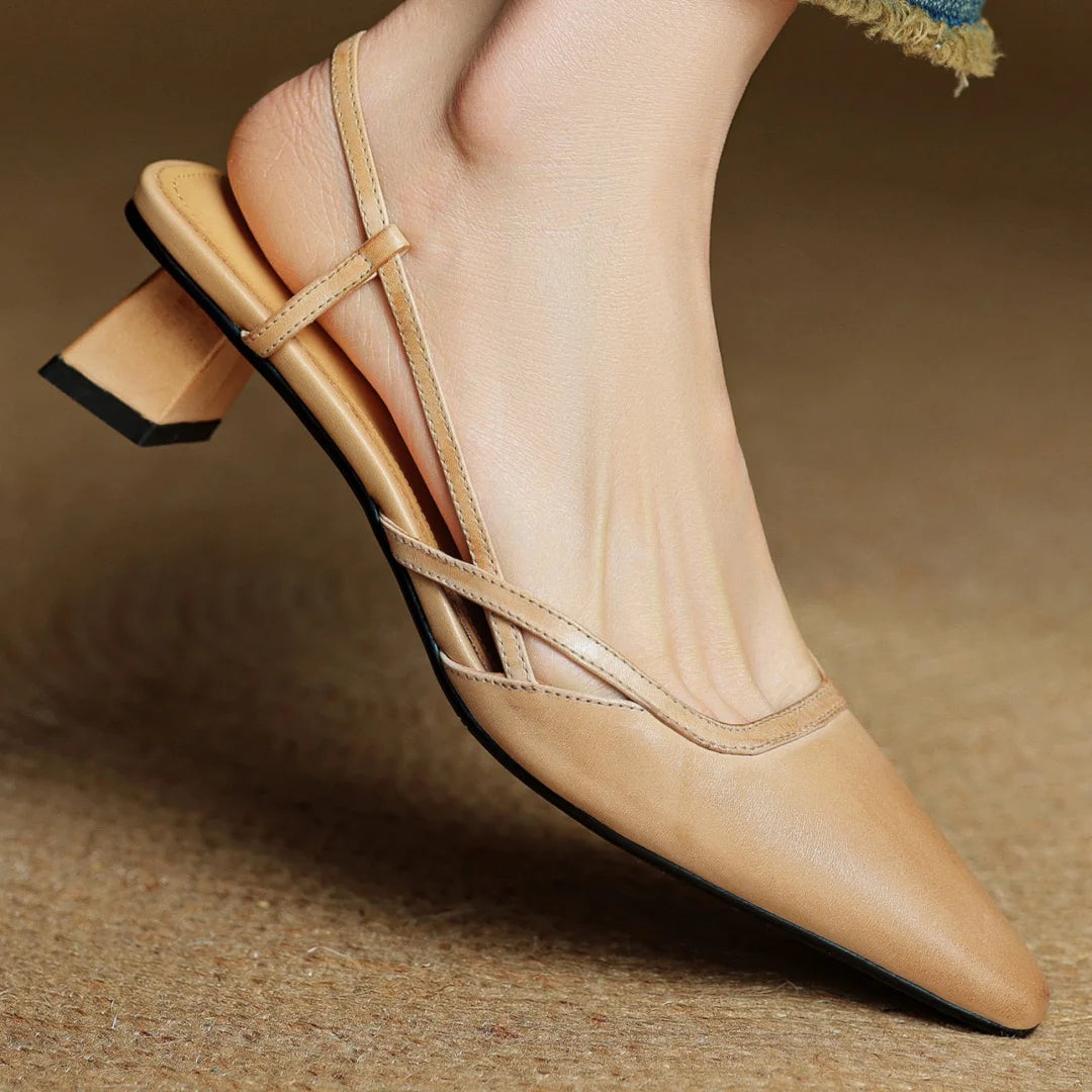 Women's cow leather pointed toe slingback 4.5cm kitten heel summer pumps elegant ladies slim daily dress heeled shoes sandals
