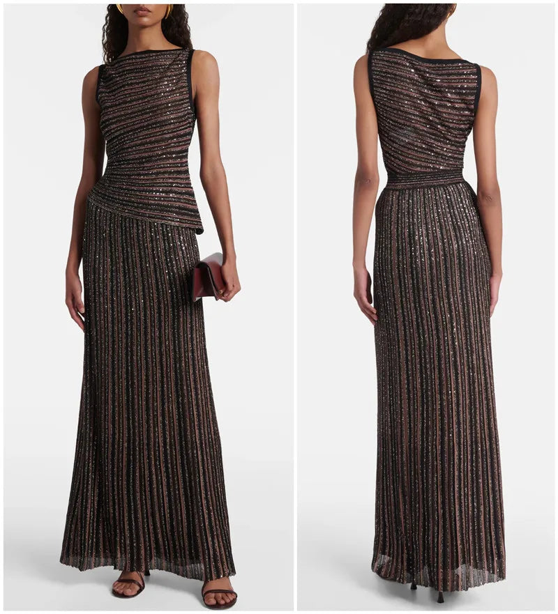 Women Metallic Stripes Sequined Sleeveless Irregular Top + Zigzag Striped Long Skirt Set