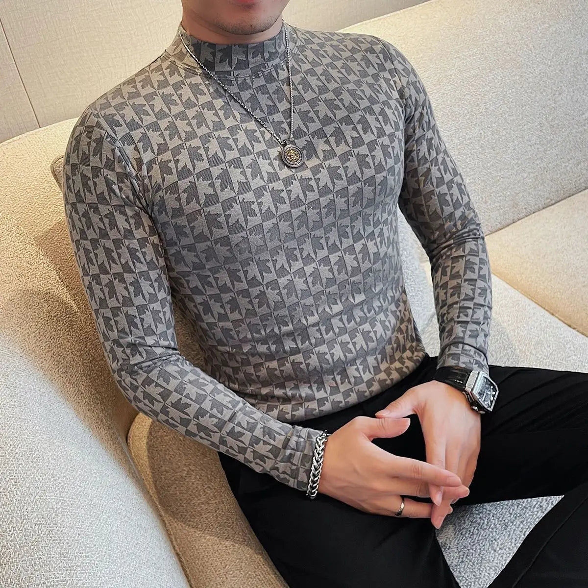 Jacquard Half-high Neck Long-sleeved T-shirt Men's Spring and Autumn New Trendy and Fashionable Slim Mid-neck Versatile Pullover