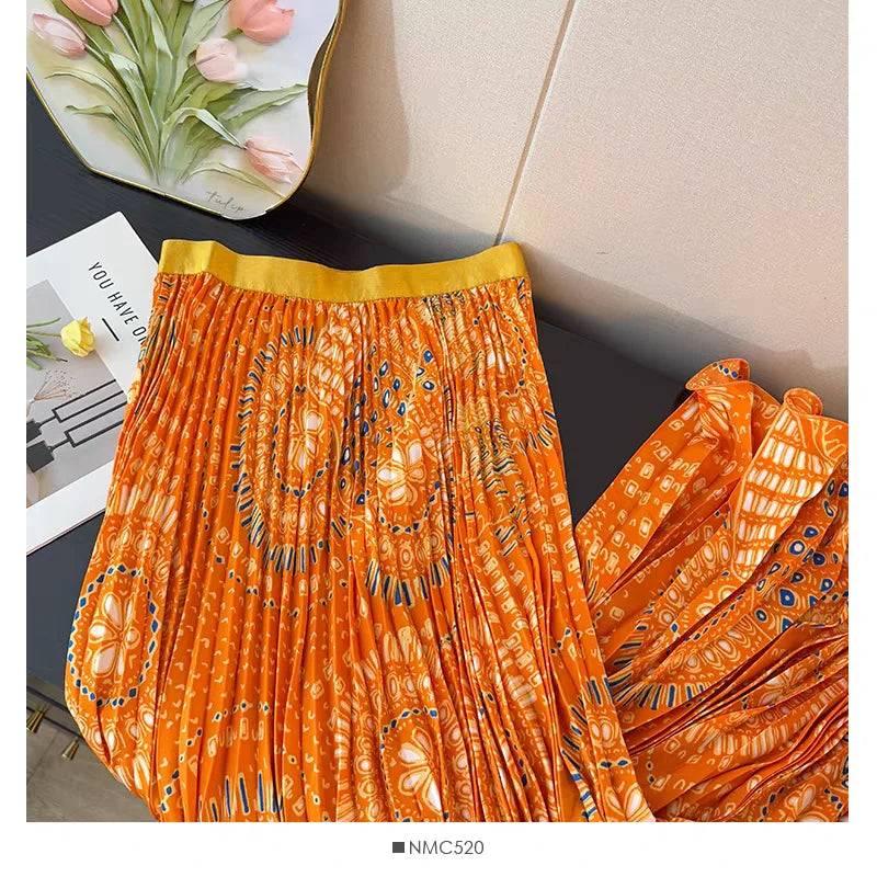 Bohemian Print Beach Skirts Female High Waist Flowy A-Line Pleated Maxi Skirt for Vacation Resort Wear & Spring Fall Fashion