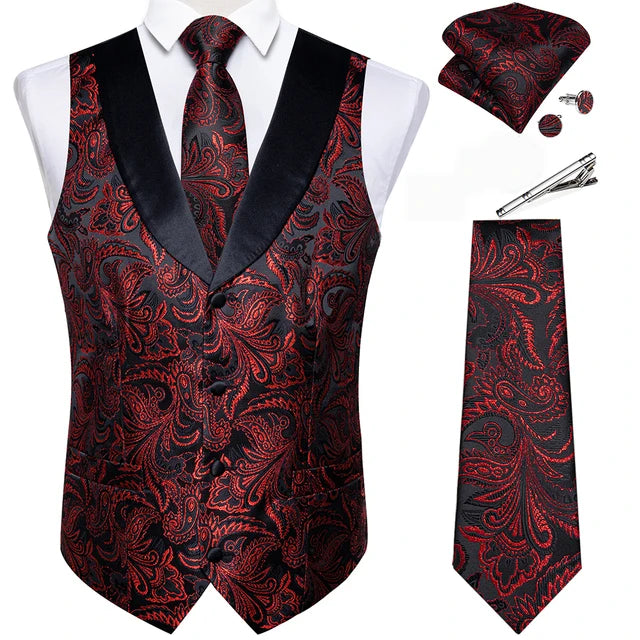 Suit Vest Set For Men Wedding Luxury Gray Paisley Dress Vests Necktie Clip Cufflinks Handkerchief Male Sleeveless Waistcoat Gift