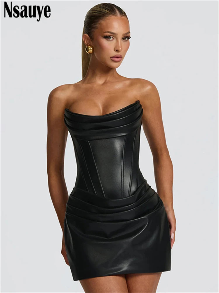 Nsauye Sexy Women Strapless Night Club PU Leather Mini Corset Dress Evening Party Fashion Elegant Short Wrap Dress Winter 2025
