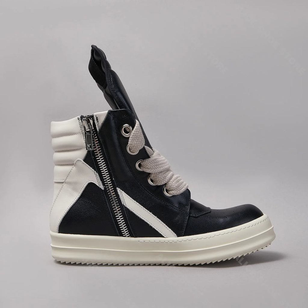 Brand Classic Casual Men Shoe High Top Women Sneaker Jumbo Laces Ankle Boot Geobasket Punk Black Leather Zip Flat Luxury Shoe