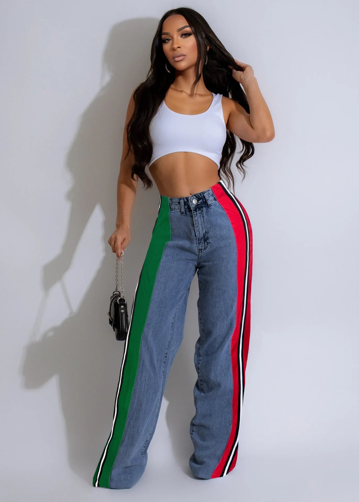 Denim Pants Women Patchwork Spliced Long Pant Mom Straight Button High Waist Casual Jeans Trousers Pocket Lady Y2k Autumn