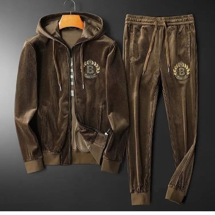Men's Trend Gold Velvet Fashion Suit Hooded Thickened Casual Autumn and Winter New Plus Size Sportswear Two-Piece Set