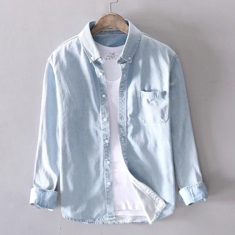Autumn New 100% Cotton Men's Denim Shirt Casual Male Long-sleeved Shirts Street Japanese Fashion Slim Clothes Light Blue Black
