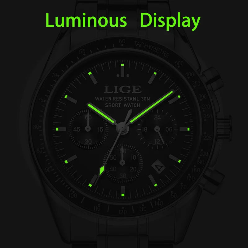LIGE NEW fashion luxury Men's watches waterproof luminous clock stainless steel strap quartz   wristwatch for men montres hommes