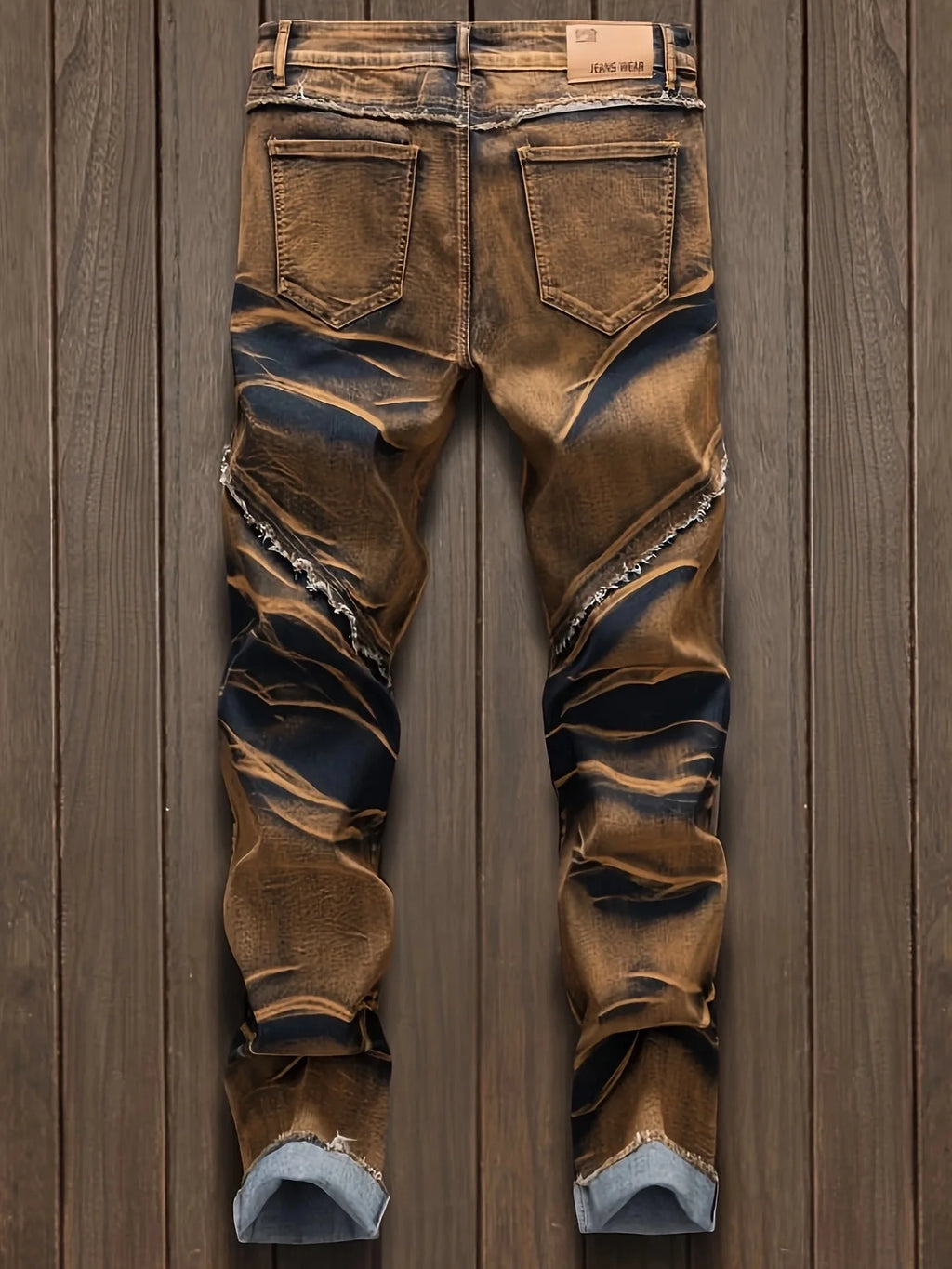 Men's straight ripped jeans, fashionable camouflage printed jeans, street fashion
