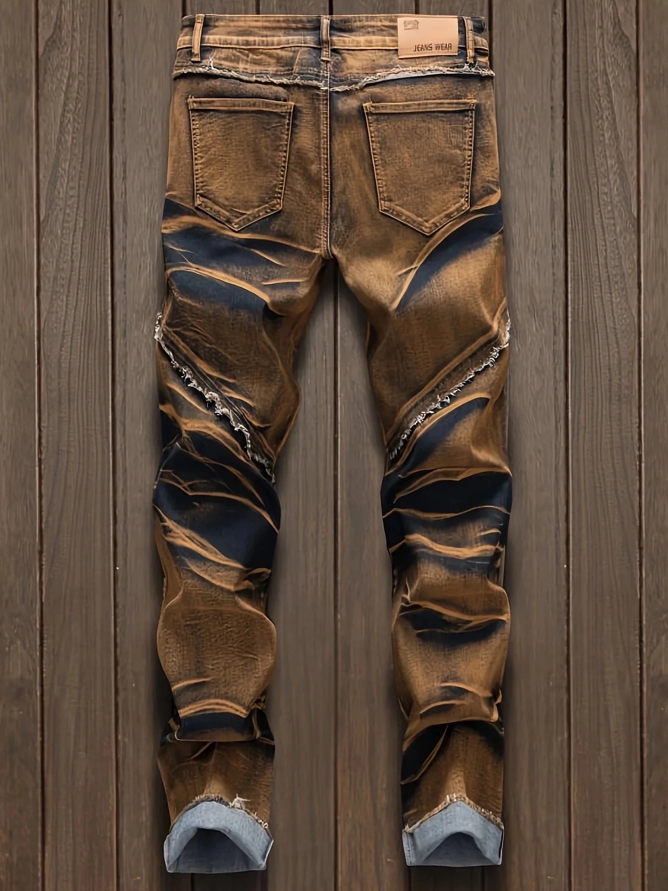 Men's straight ripped jeans, fashionable camouflage printed jeans, street fashion
