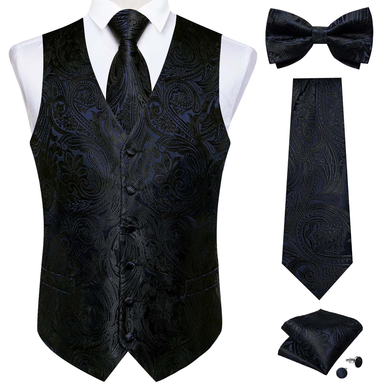 Men Black Paisley Vest Necktie Bowtie Pocket Square Cufflinks Dress Set жилетка мужская Classic 5 PCS Business Waistcoat for Man