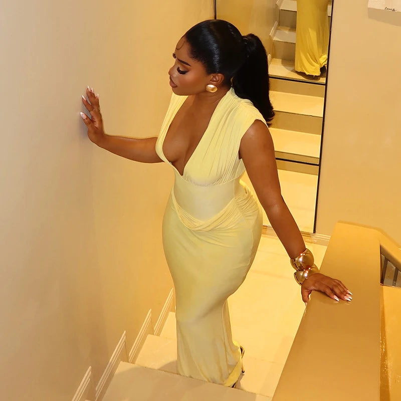 Elegant Deep V-Neck Dress Women Sexy Ruched Sleeveless Basic Stretch Fashion Birthday Party Banquet Bodycon