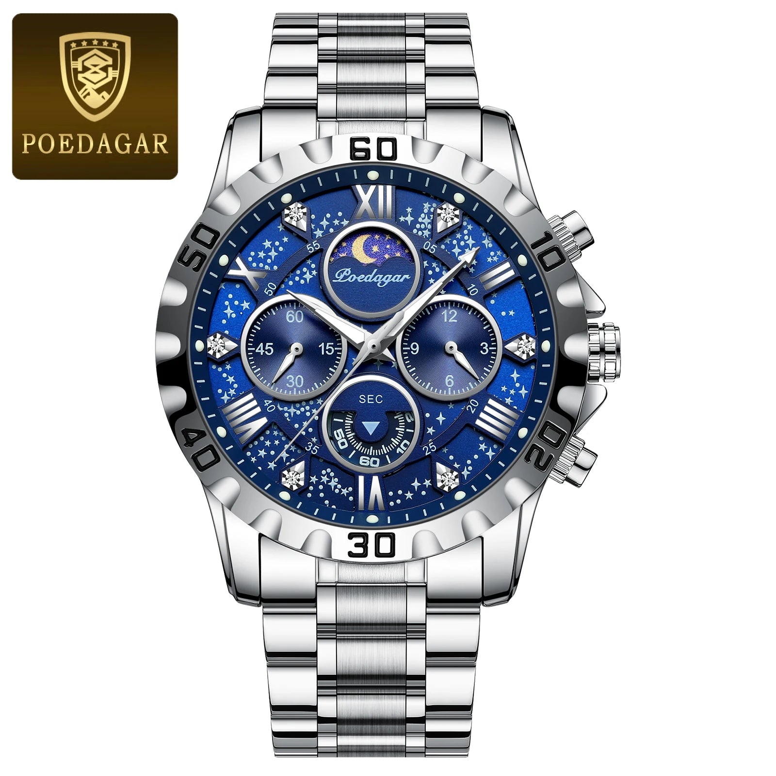 POEDAGAR Luxury Man Wristwatch Waterproof Luminous Chronograph Sports Men Watch Stainless Steel Fashion Quartz Men's Watches+Box