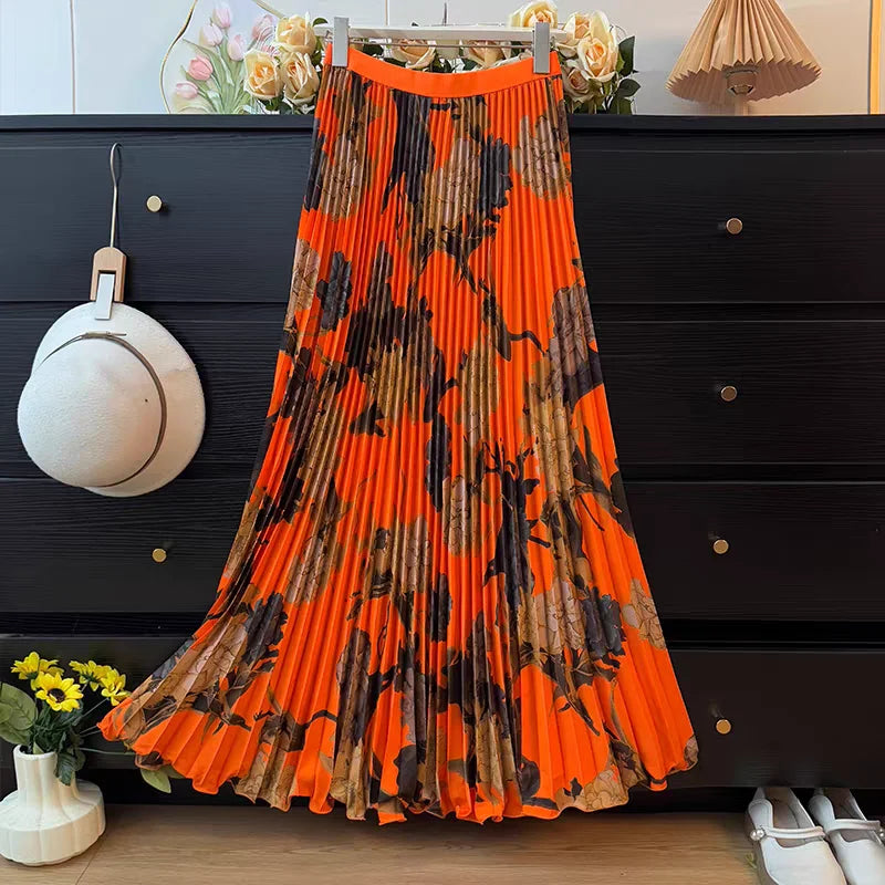 Bohemian Print Beach Skirts Female High Waist Flowy A-Line Pleated Maxi Skirt for Vacation Resort Wear & Spring Fall Fashion