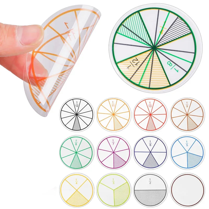 12PCS Set Transparent Fraction Circles Math Manipulatives Educational Kids Learning Classroom Supplies for Students