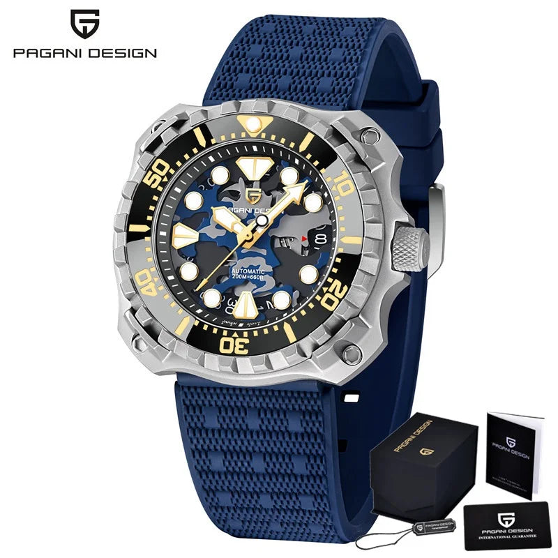 PAGANI DESIGN Men's Mechanical Watch Military Camouflage Hollow Dial NH35 Movt Sapphire 200m Waterproof Automatic Wristwatch