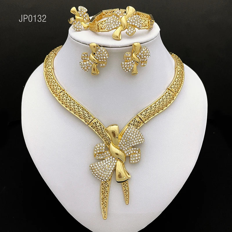 Italy 18k Gold Plated Women Jewelry Set Classic Design Bowknot Necklace Earring Bracelet And Ring 4PCS Set Jewelry Wedding Party