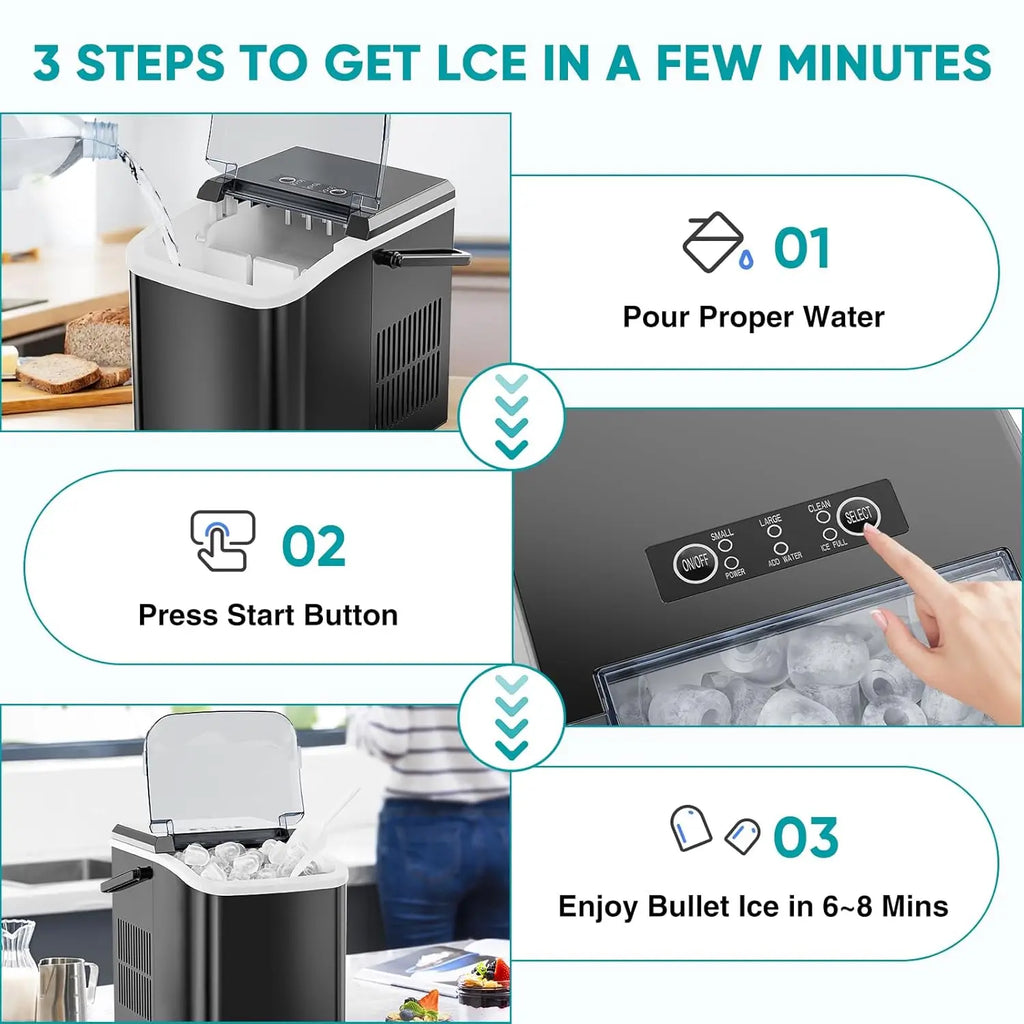 Ice Maker, Portable Countertop Icemaker Machine, Self Cleaning Quiet 2 Sizes Bullet Cubes Makers, Black