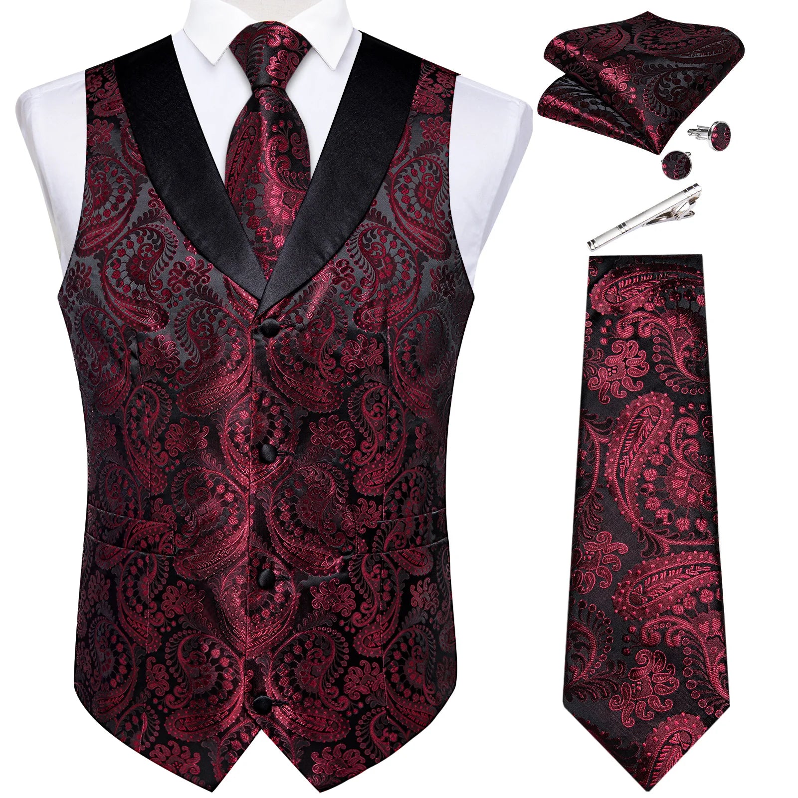 Suit Vest Set For Men Wedding Luxury Gray Paisley Dress Vests Necktie Clip Cufflinks Handkerchief Male Sleeveless Waistcoat Gift