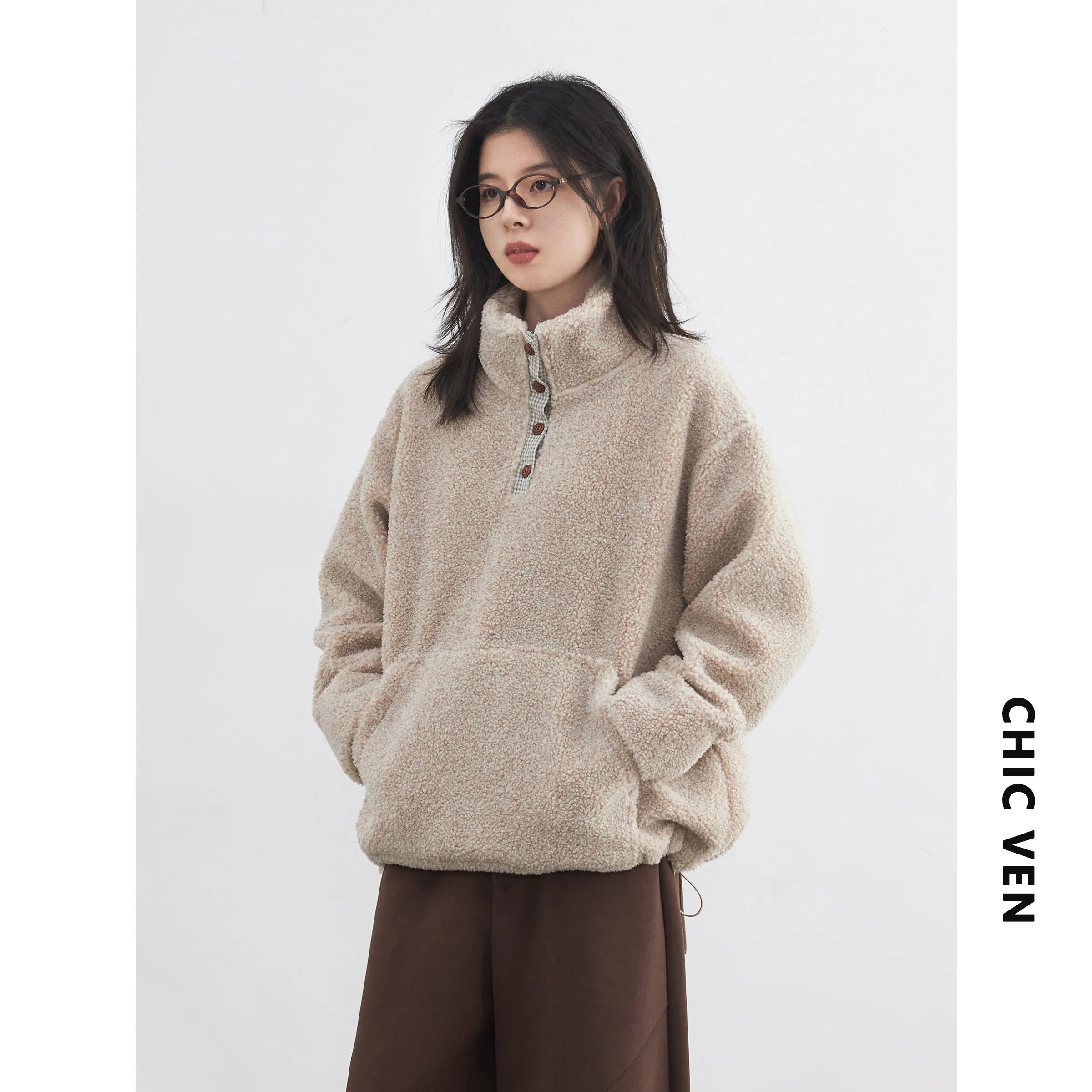 CHIC VEN Korean Women Sweatshirts New Loose Casual Plush Plaid Patchwork Drawstring Female Pullover Coat Autumn Winter 2025