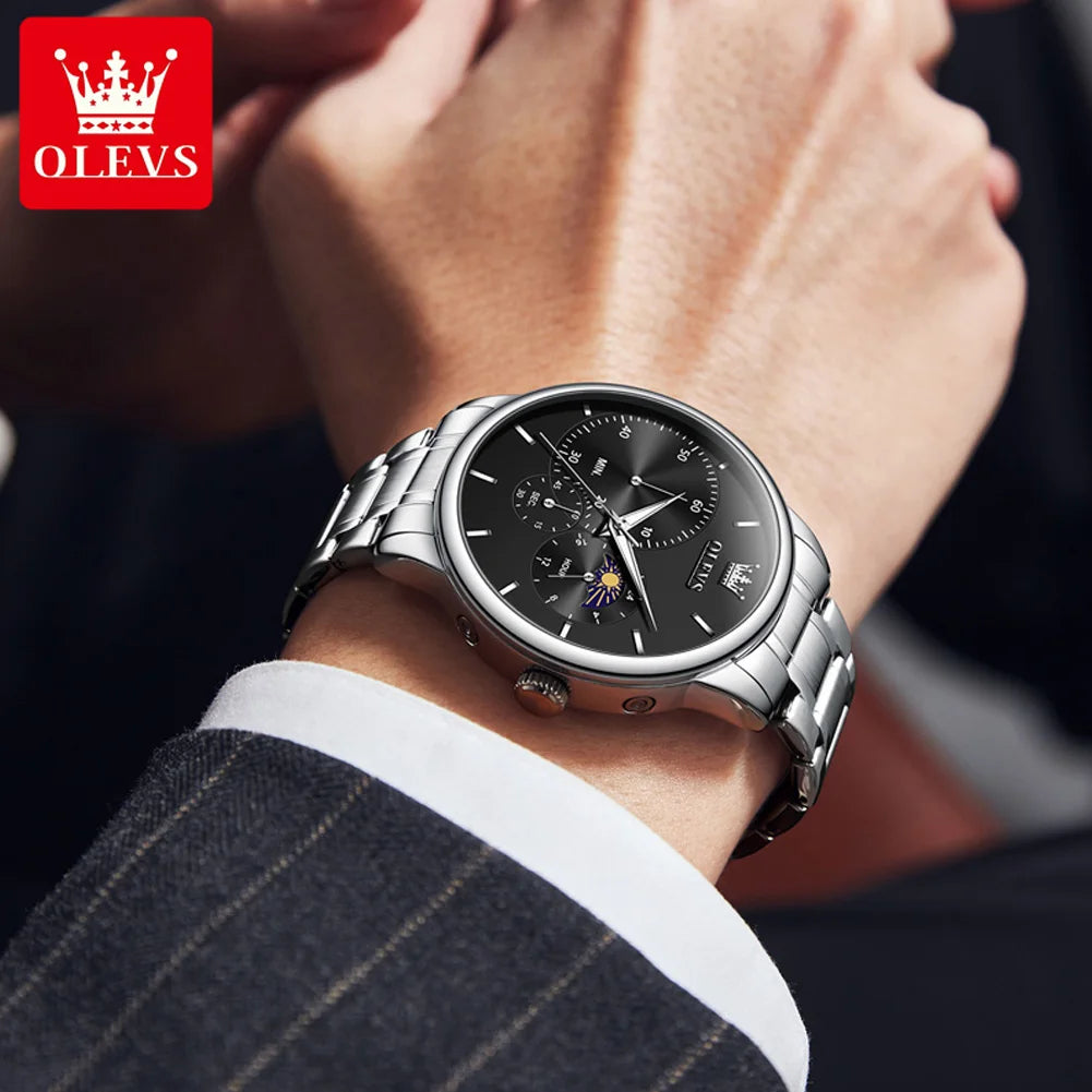 OLEVS Men's Watches Top Brand Business Fashion Fine Steel Original Brand Quartz Wristwatch for Man Moon Phase Chronograph Big