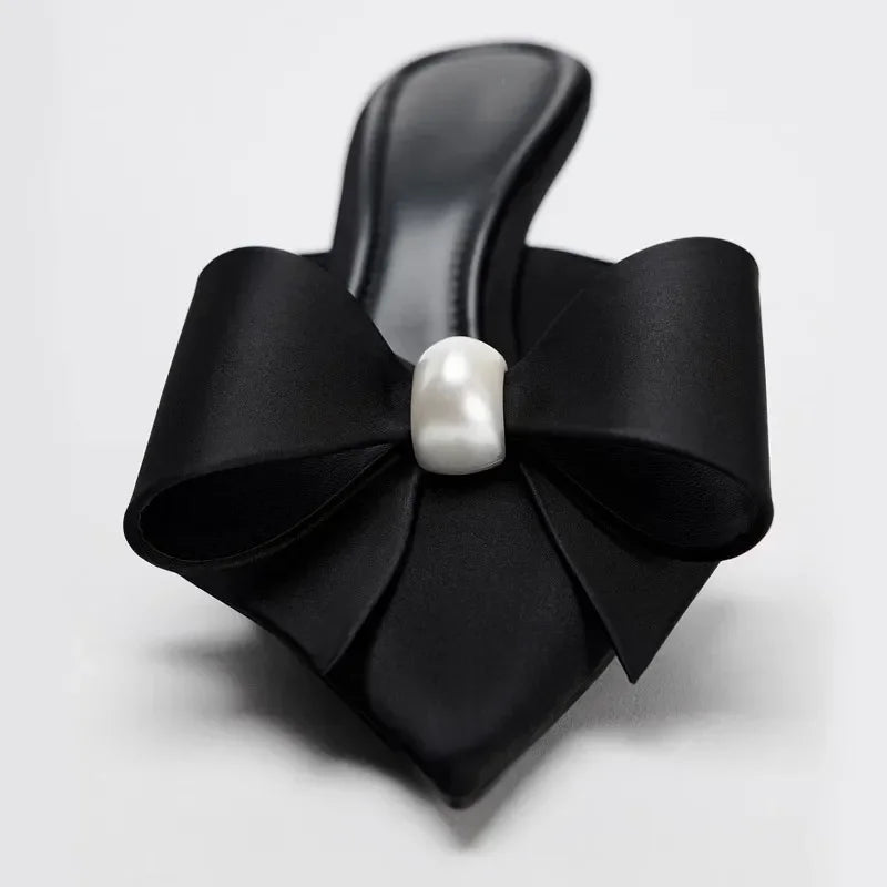 Butterfly-knot Satin Designer Mules Slippers Women Pointed Toe High Heels Banquet Party Shoes Fashion Brand Sandals Ladies Pumps