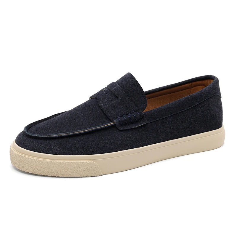 2025 Men's Genuine Suede Loafers 39-44, Black Round-Toe with Decorative Flap & Stitching Details, Brown Lined Comfortable Fit