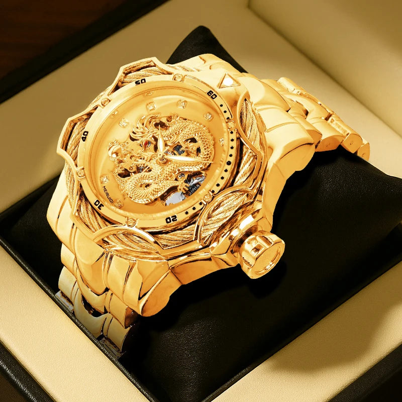 A men's yellow party style elegant dragon shaped carved fully automatic tourbillon mechanical watch