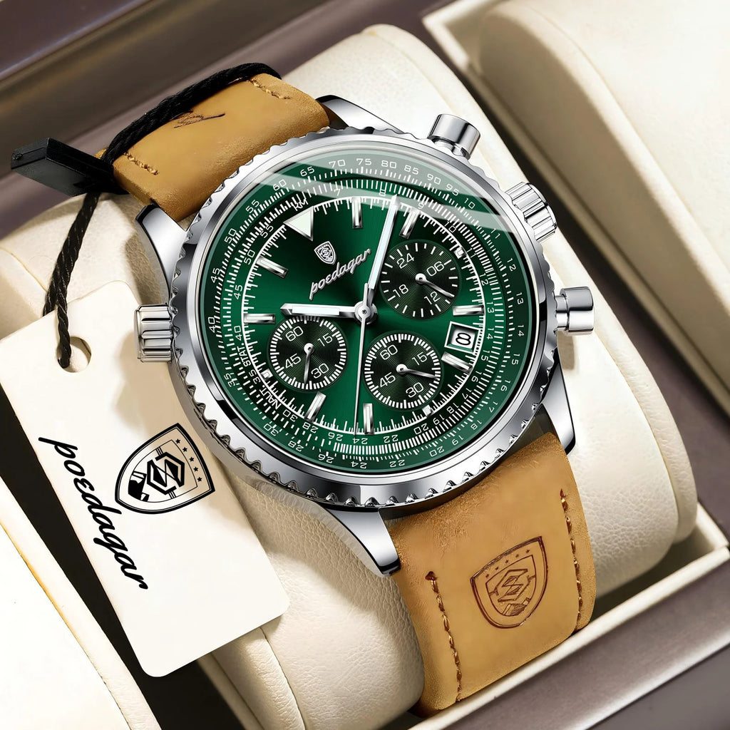 POEDAGAR Business Men Wristwatch Waterproof Luminous Date Chronograph Sport Man Clock Leather Quartz Fashion Men's Watches Reloj