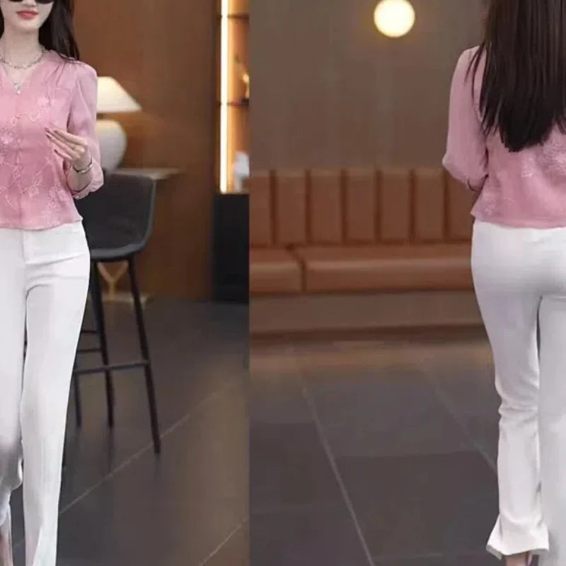 2024 Women's Clothing Summer Pullovers V-Neck Three Quarter Commuter Trendy Embroidery Solid Color High End Western StyleTops