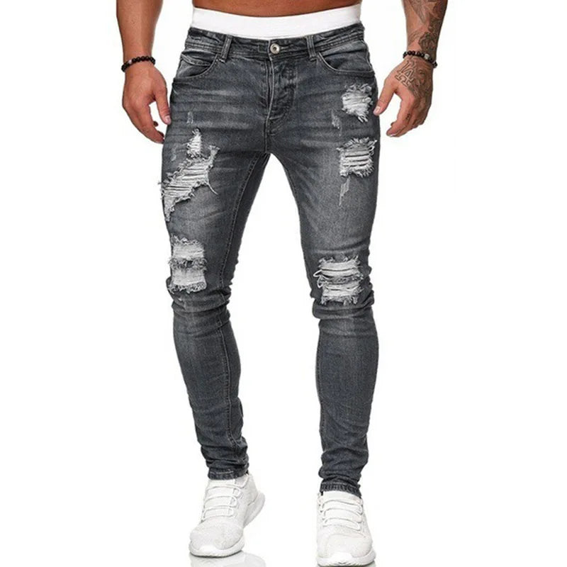 Men Fashion Street Style Ripped Skinny Jeans Men Vintage Wash Solid Denim Trouser Mens Casual Slim Fit Pencil Denim Pants 4XL