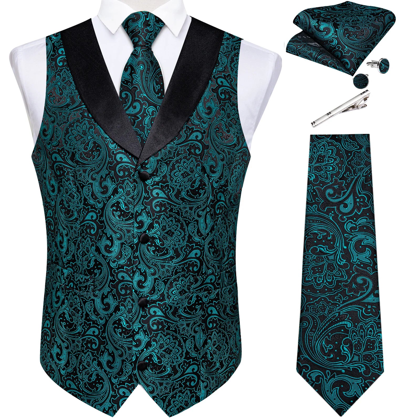 Suit Vest Set For Men Wedding Luxury Gray Paisley Dress Vests Necktie Clip Cufflinks Handkerchief Male Sleeveless Waistcoat Gift