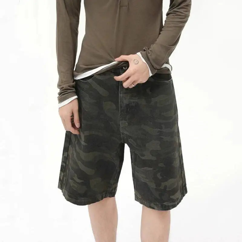 IEFB Men's Wear American Style Camouflage Jorts Loose Wide Leg Casual Pants Versatile Washed Denim Shorts New Trendy 9A8588