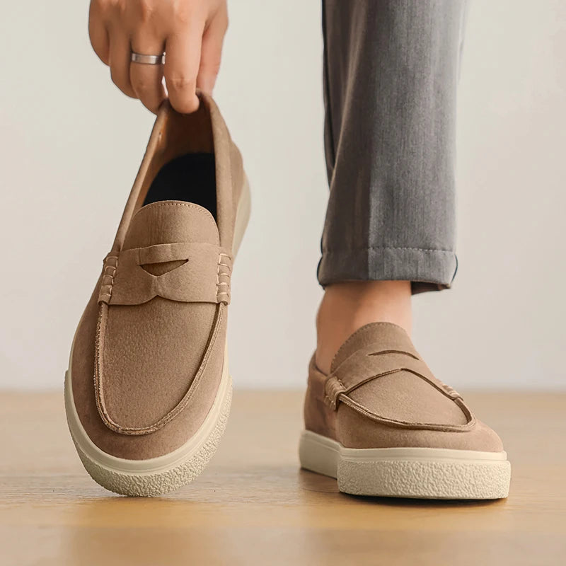 2025 Men's Genuine Suede Loafers 39-44, Black Round-Toe with Decorative Flap & Stitching Details, Brown Lined Comfortable Fit
