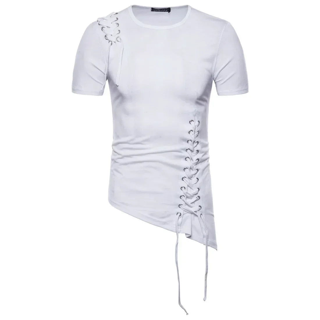 New Men's Summer Short Sleeve T-shirts Trend Irregular Design Lace Up Solid Slim Tees Fashion Gothic Style Casual Shirts Men